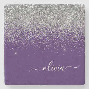Paarse Silver Glitter Girly Monogram Naam Stenen Onderzetter