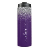 Paarse Silver Glitter Girly Monogram Naam Thermosbeker (Voorkant)