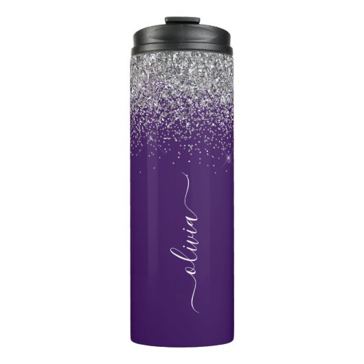 Paarse Silver Glitter Girly Monogram Naam Thermosbeker (Voorkant)