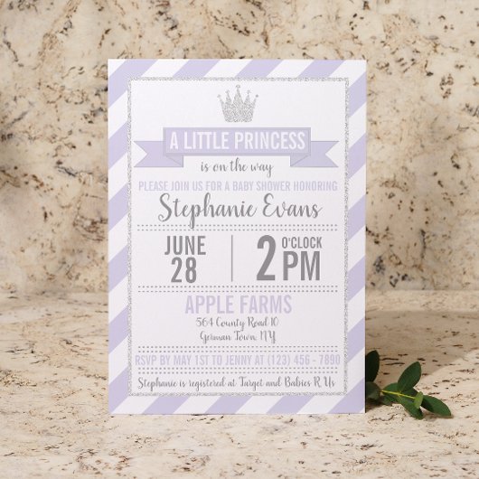 Paarse Silver Glitter Princess Birthday Uitnodigin Kaart