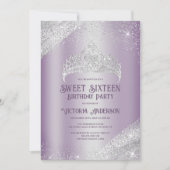 Paarse Silver Glitter Princess Tiara Sweet 16 Invi Kaart (Voorkant)