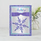 Paarse Silver Glitter Snowflake Quinceanera Invite Kaart (Staand voorkant)