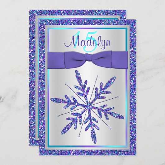 Paarse Silver Glitter Snowflake Quinceanera Invite Kaart (Voorkant / Achterkant)