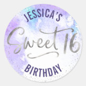 Paarse Silver Glitter Sweet 16 Waterverf Verjaarda Ronde Sticker (Voorkant)