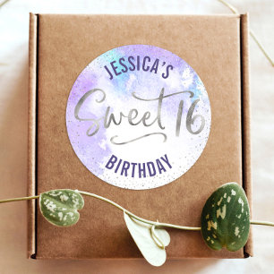 Paarse Silver Glitter Sweet 16 Waterverf Verjaarda Ronde Sticker