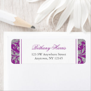 Paarse Silver Glitter Swirl Damask Etiket