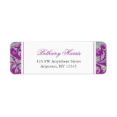 Paarse Silver Glitter Swirl Damask Etiket (Voorkant)