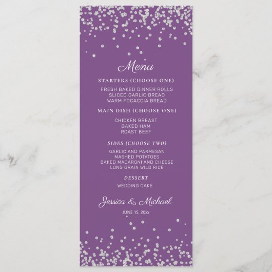 Paarse Silver Glitter Weddenschappen Menu (Voorkant)