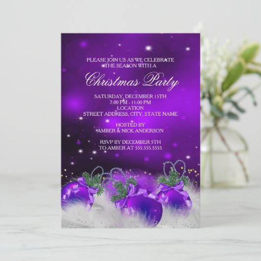 Paarse Silver Gold Holly Baubles kerstfeest 2 Kaart (Staand voorkant)