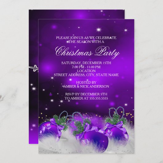 Paarse Silver Gold Holly Baubles kerstfeest 2 Kaart (Voorkant / Achterkant)