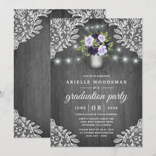 Paarse Silver Gray Floral Rustic Graduc Party Kaart (Voorkant / Achterkant)