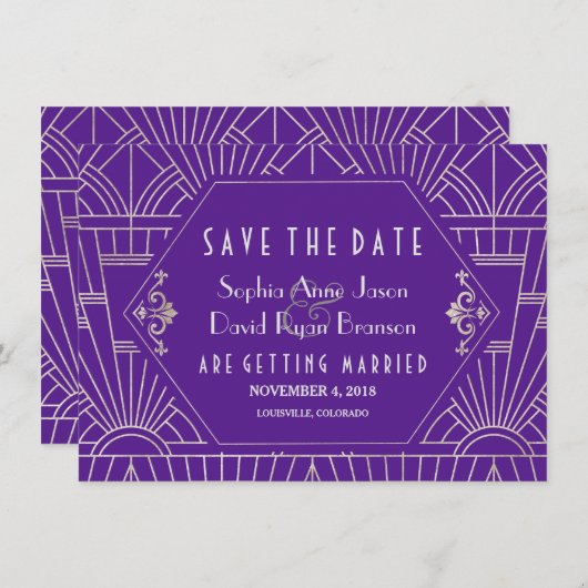 Paarse Silver Great Gatsby Art Deco Save Date Save The Date (Voorkant / Achterkant)