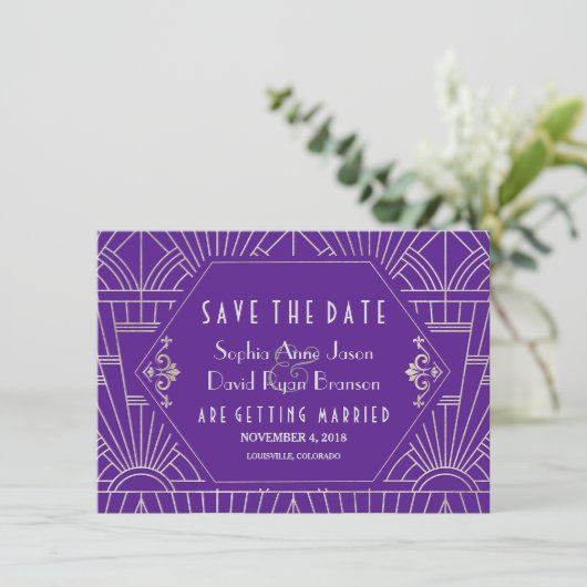 Paarse Silver Great Gatsby Art Deco Save Date Save The Date (Staand voorkant)