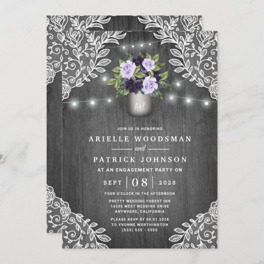Paarse Silver Grey Bloemen Rustieke Engagement Par Kaart (Voorkant / Achterkant)