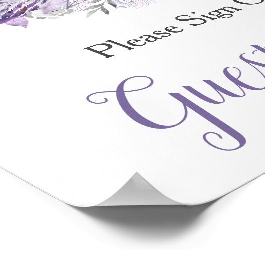 Paarse Silver Grey Floral Guest Book Sign Poster (Hoek)