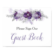 Paarse Silver Grey Floral Guest Book Sign