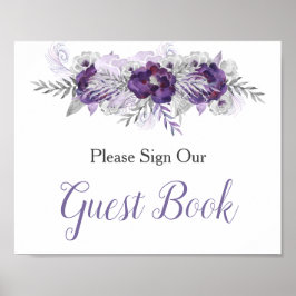 Paarse Silver Grey Floral Guest Book Sign Poster