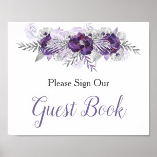 Paarse Silver Grey Floral Guest Book Sign Poster