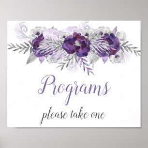 Paarse Silver Grey Floral Wedding Programs Sign Poster