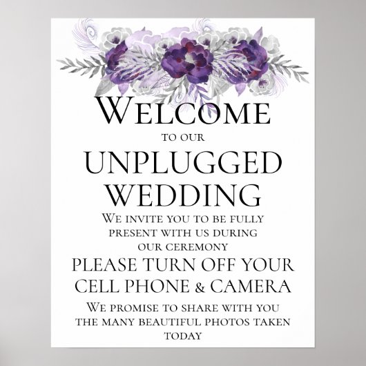Paarse Silver Grey Unplugged Wedding CeremonySign Poster (Voorkant)