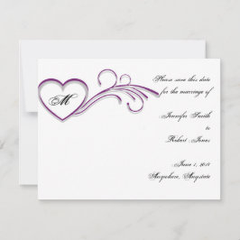 Paarse Silver Heart Scroll Monogram Bewaar de datu Save The Date