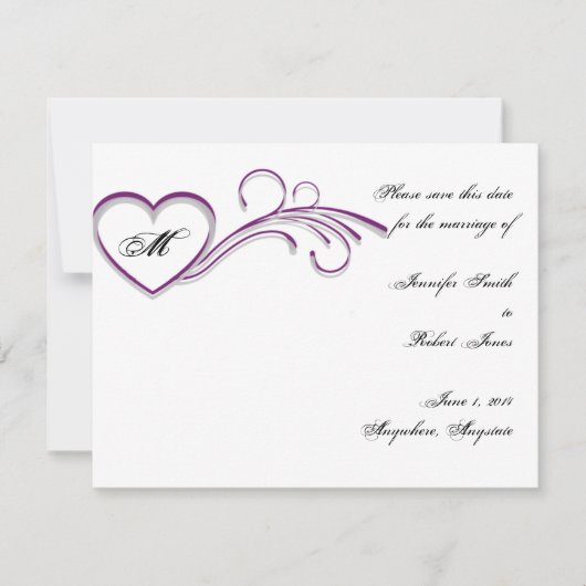 Paarse Silver Heart Scroll Monogram Bewaar de datu Save The Date (Voorkant)