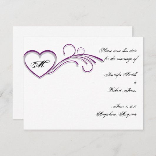 Paarse Silver Heart Scroll Monogram Bewaar de datu Save The Date (Voorkant / Achterkant)