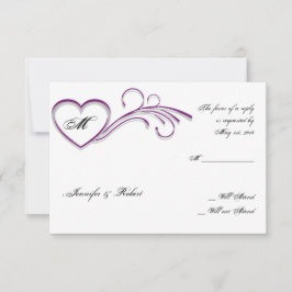 Paarse Silver Heart Scroll Monogram Reactiekaart RSVP Kaartje