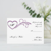 Paarse Silver Heart Scroll Monogram Reactiekaart RSVP Kaartje (Staand voorkant)