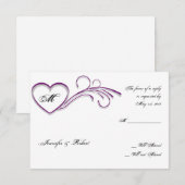 Paarse Silver Heart Scroll Monogram Reactiekaart RSVP Kaartje (Voorkant / Achterkant)