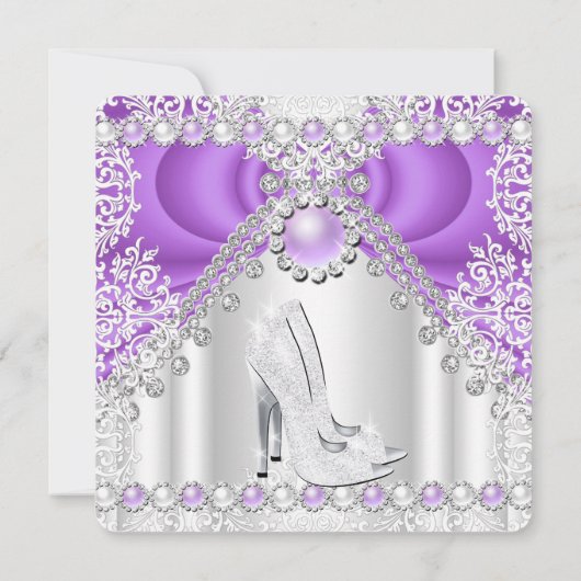 Paarse Silver High Heels Pearl Birthday Party 2 Kaart (Achterkant)
