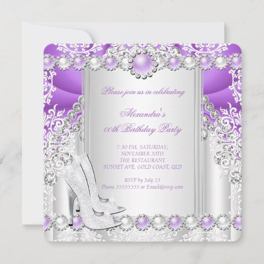 Paarse Silver High Heels Pearl Birthday Party 2 Kaart (Voorkant)