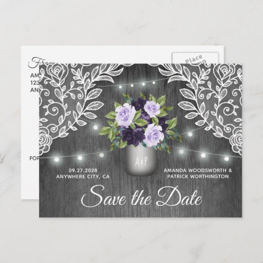 Paarse Silver Mason Jar Wedding Save the Date Aankondigingskaart (Voorkant / Achterkant)