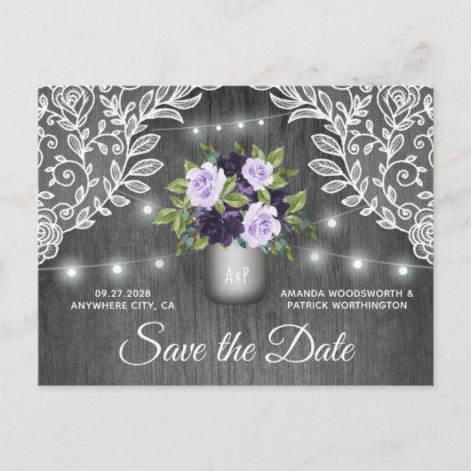 Paarse Silver Mason Jar Wedding Save the Date Aankondigingskaart (Voorkant)