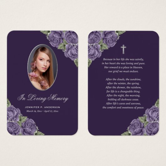 Paarse Silver Memorial Funeral Prayer Kaart (Voorkant /achterkant)