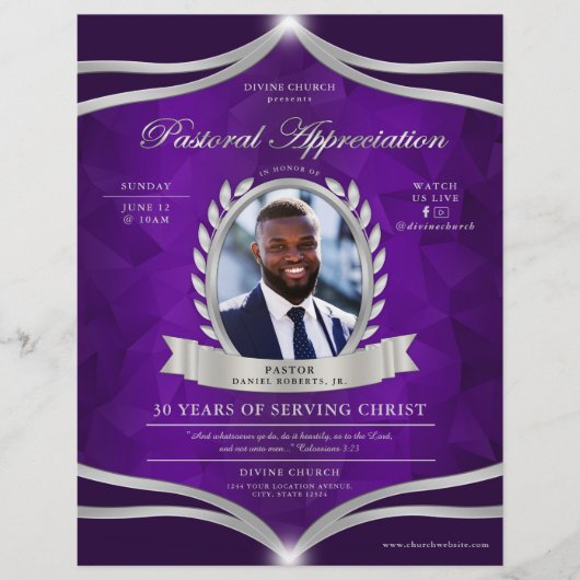 Paarse Silver Pastor Appreciation Church Service Flyer (Voorkant)