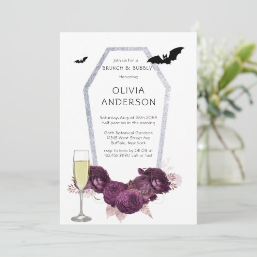 Paarse Silver Peony Coffin Bats Brunch & Bubble Kaart (Staand voorkant)