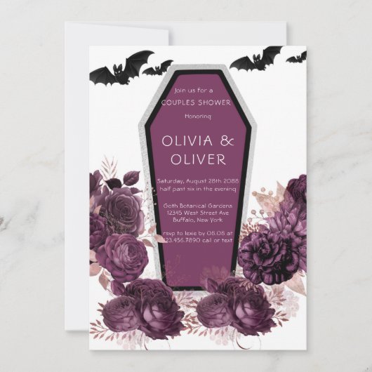 Paarse Silver Peony Coffin Bats Couples Shower Kaart (Voorkant)