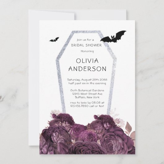 Paarse Silver Peony Coffin Bats Vrijgezellenfeest Kaart (Voorkant)