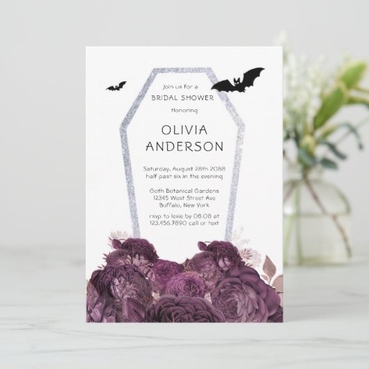 Paarse Silver Peony Coffin Bats Vrijgezellenfeest Kaart (Staand voorkant)