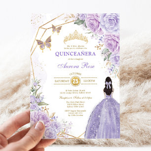 Paarse Silver Quinceañera Butterfly Princess Party Kaart