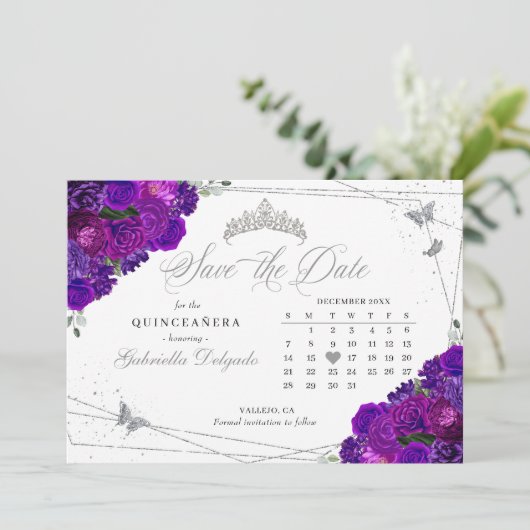 Paarse & Silver Quinceañera De datum opslaan Kaart (Staand voorkant)