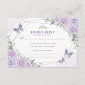 Paarse Silver Quinceanera Mis Quince 15 Anos RSVP Informatiekaartje (Voorkant)