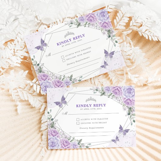 Paarse Silver Quinceanera Mis Quince 15 Anos RSVP Informatiekaartje