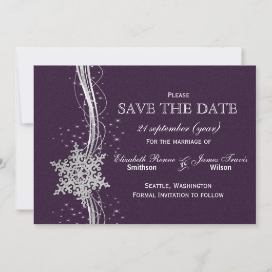 paarse Silver Snowflakes Winter behalve de datum Save The Date (Voorkant)