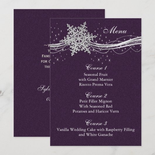 paarse Silver Snowflakes Wintertrouwmenkaarten Menu (Voorkant / Achterkant)