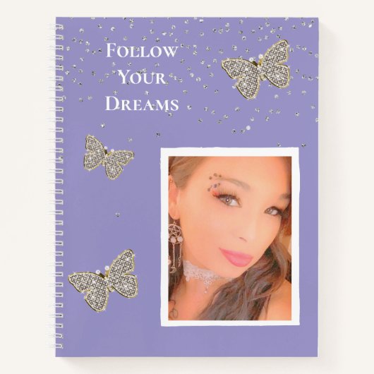 Paarse Silver Sparkle Butterflies Uw foto Notitieboek (Voorkant)