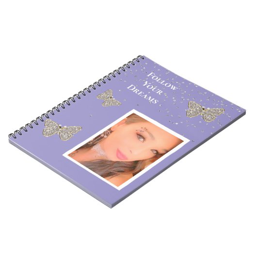 Paarse Silver Sparkle Butterflies Uw foto Notitieboek (Linkerzijde)
