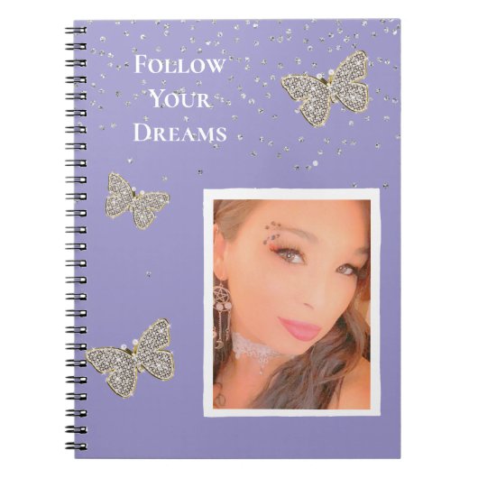 Paarse Silver Sparkle Butterflies Uw foto Notitieboek (Voorkant)