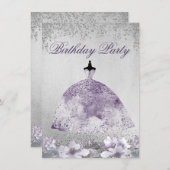 Paarse Silver Sparkle Dress Birthday Party nodigt Kaart (Voorkant / Achterkant)